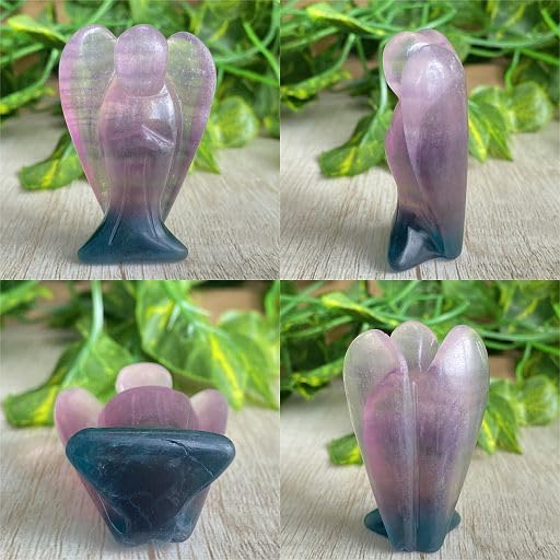 YATOJUZI 2" Fluorite Angel Decor Crystals Polished Natural Stone Sculpture Statue Home Room Office Desk Decoration Guardian Hand Carved Cute Figurines Energy Reiki Gifts for Women Men