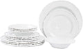 White Pearl Melamine Dinnerware Set, 12-Piece Plastic Dinner Dishes Set, Service for 4 Unbreakable Kitchen Plates and Bowls Set