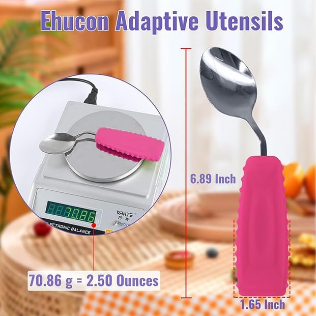 Adaptive Utensils Angled Spoon and Fork for Hand Tremors Parkinsons,Weighted Utensils with Non-Slip Easy Grip Handles for Independent Eating (1pcs Spoon+1pcs Fork=2 pcs,Pink,Right Hand)