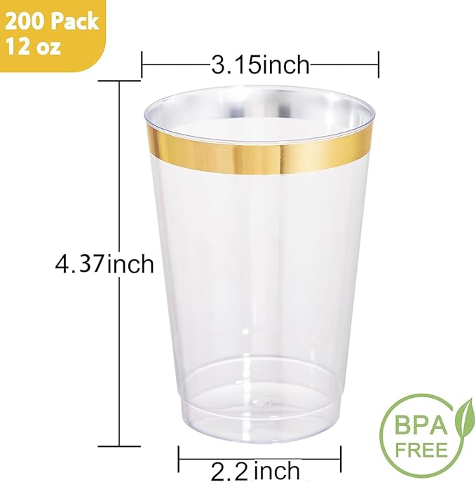 I00000 200 Pack 12 oz Gold Plastic Cups, Clear Disposable Cups, Disposable Plastic Wine Glasses Cocktail Glasses Premium Cups with Gold Rim, 12 Ounce Tumblers for Party & Wedding