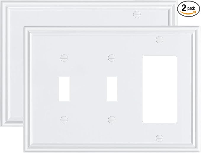 2-Pack Combo Double Toggle/Single Decorator Outlet Cover Plate, Zinc Alloy Decorative Pure White 4 Gang Switch Plates for Electrical Outlets, Receptacle, GFCI Outlet, Dimmer Switch