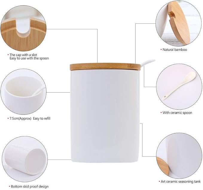 Lucky Goddness Ceramic Sugar Bowls with Bamboo Lids and Spoons-June Sky Muti-Functional Round Condiment Jar for Home- Spice Storage Canister,10.8 oz 320 ML,3 Pcs Set