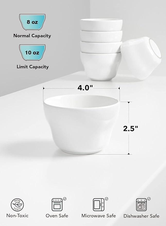 LE TAUCI Bouillon Cups 8 Ounce, Ice Cream Bowls, Small Bowls for Dessert Soup Chili Dipping Sauce Coffee Cupping - Set of 6, White