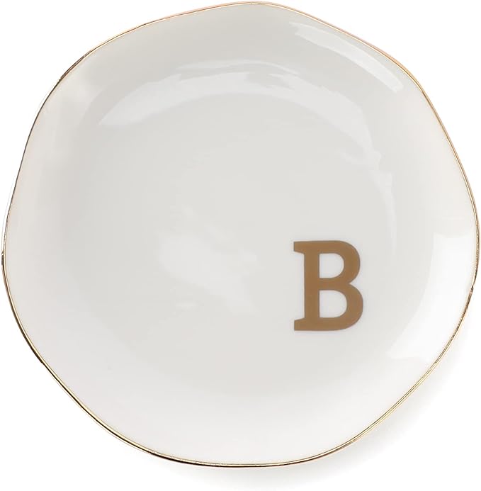 Initials Ring Dish Jewery Tray with Personalized B-Monogrammed Gifts Wedding Engagement for Women Friends sister,Ceramic White