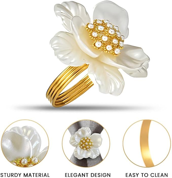 Decozen Set of 8 White Gold Napkin Rings in Floral Design, Festive, Table Decor Setting for Holiday, Wedding, Birthday, Kitchen, Home Decor, Housewarming Gift - Mothers Day Decorations