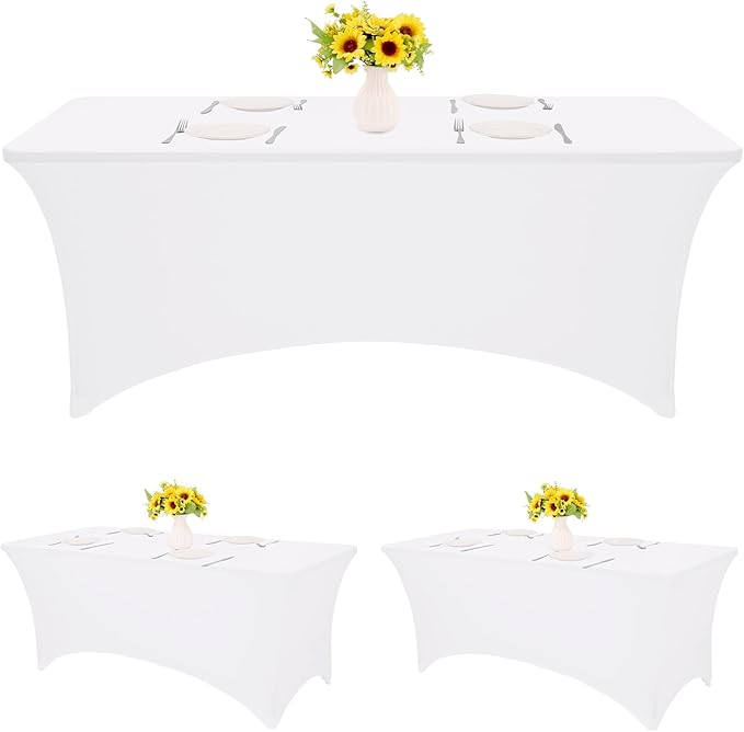 HAISIWLKJ 3 Pack Table Cloth 6ft White Tablecloths for Rectangle Folding Table Spandex Fitted Stretch Cover Wrinkle Resistant Washable for Party, Wedding, Banquet, Festival