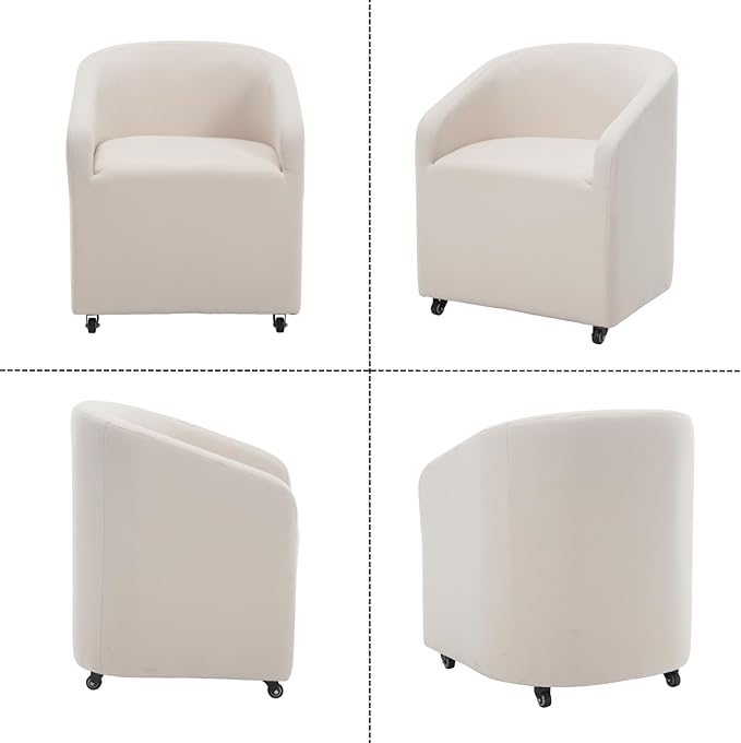 Modern Barrel Dining Chair with Rolling Casters, Upholstered Linen Swivel Dining Room Chair with Wheels for Kitchen Living Room Home Office, Beige