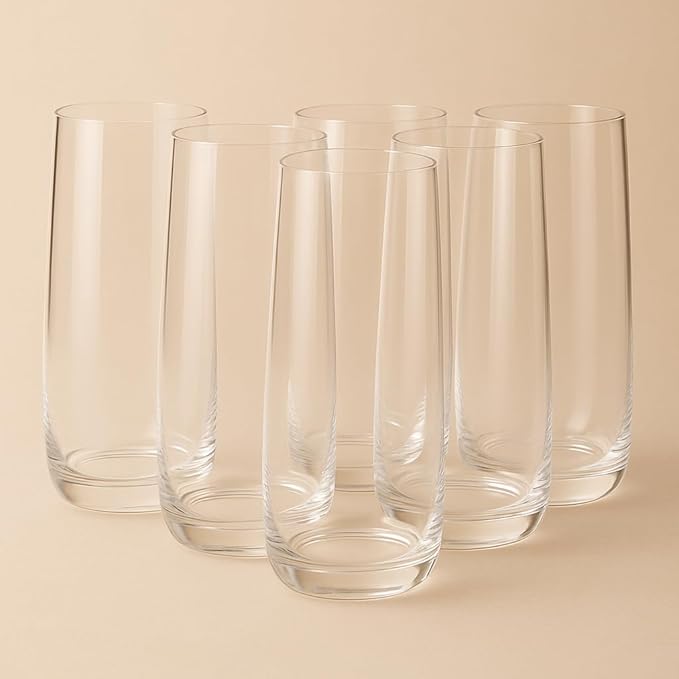 Modern Highball Glasses, 16 oz Clear Glass Tumblers for Water and Cocktails, Set of 6