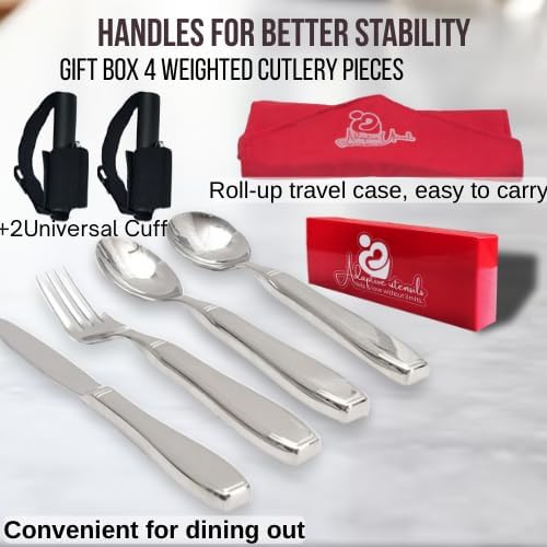 weighted utensils for hand tremors | weighted utensils for tremors and parkinsons patients | Set 4 Piece with Universal Cuff easy grip & cover | Elegant weighted silverware with Gift Box