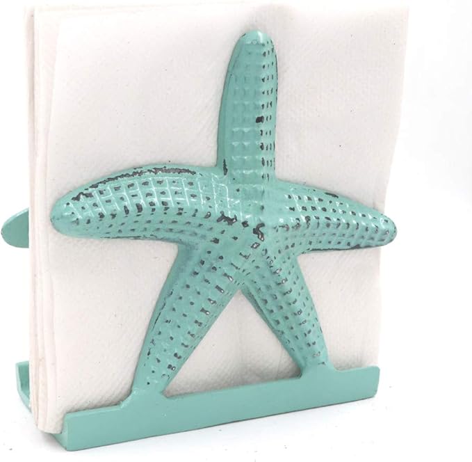 Nautical Starfish Lunch Dinner Metal Napkin Holder Kitchen Beverage Cocktail Ocean Coastal Napkin Holder By The Metal Magician (Distressed Green)