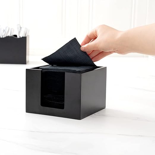 Restaurantware Black Bamboo Napkin Holder Bundle of 2 Square Organizer 5.5 x 5.5 x 4 Inches Cocktail Caddy Durable Open-Top Tray Black