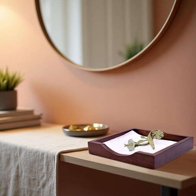 Napkin Holder - Solid Wood Brown Finish Home Decor & Kitchen Decor Table Countertop Serviette & Tissue Holder with Metal Ornament Arm in Silver Gold Finish - Indoor and Outdoor Use - Floral Design