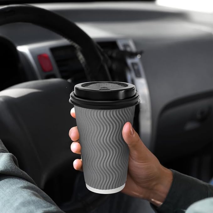 500 Pack 16 oz Coffee Cups with Lids, Disposable Insulated Hot Cups To Go Paper Coffee Cups, Corrugated Ripple Wall Cup for Hot Drink, Office, Coffee Bar (Grey 16 oz)