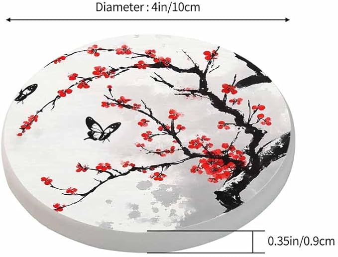 Cherry Branch Drink Coasters Modern Foliage Butterfly China Classic Blossoming Oriental Ink Culture Housewarming Presentss for New Home Present for Friends,2 Pcs,4 X 4 X 0.35 Inches