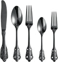 Black Silverware Set for 10 Premium 18/10 Stainless Steel Flatware Set Palace Style 50 Piece Cutlery Tableware Utensils Embossed Decorative Handle Knives Forks and Spoons for Home Christmas Wedding
