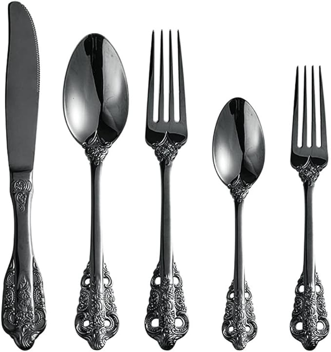 Black Silverware Set for 14 Premium 18/10 Stainless Steel Flatware Set Palace Style 70 Piece Cutlery Tableware Utensils Embossed Decorative Handle Knives Forks and Spoons for Home Christmas Wedding