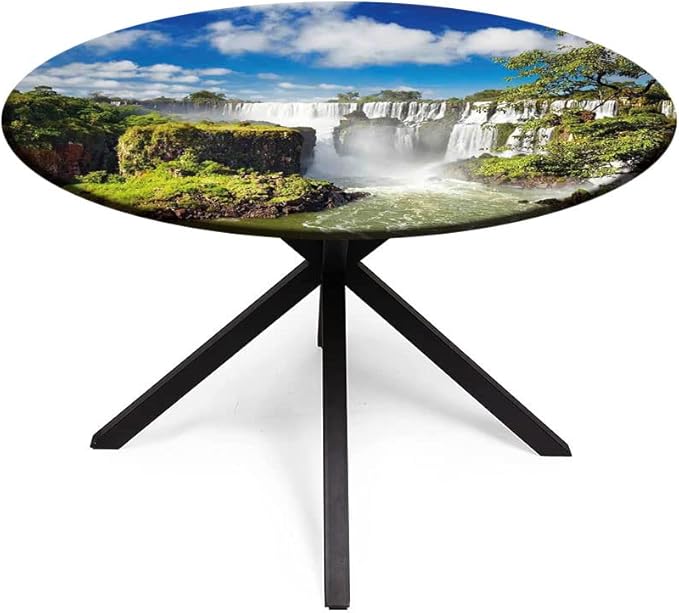 Round Edge Closing Tablecloth, Landscape Elastic Edged Tablecloth, Majestic Waterfall River Argentinean Falls Natural, Fit Round Tables 28inch Diameter, for Dining Room/Party/Banquet Decoration