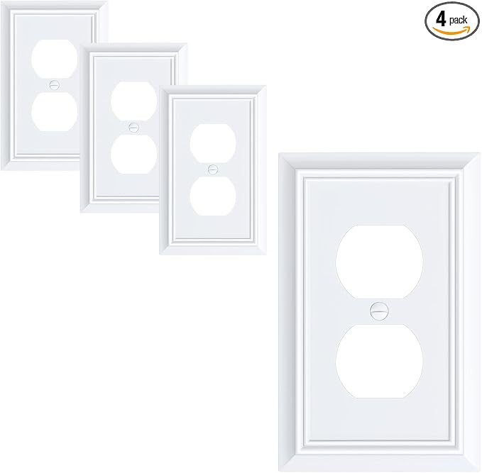 4-Pack Duplex Outlet Cover Plate, Decorative Pure White Switch Plates and Outlet Covers, Natural Bamboo Fiber Wall Plates for Electrical Outlets, 1 Gang Receptacle Cover, Corrosion Resistant