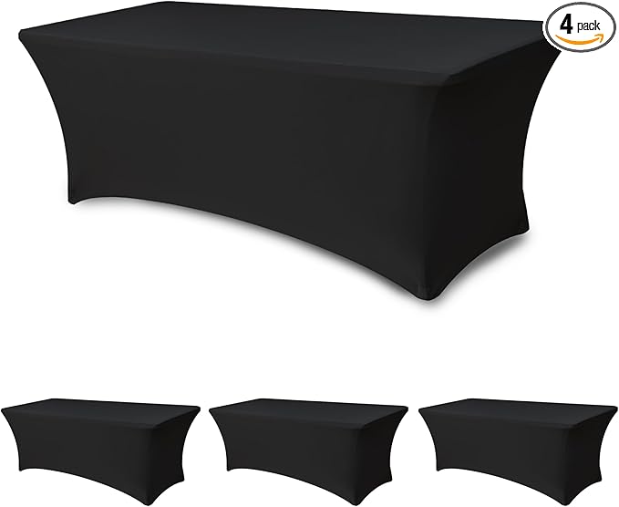 Spandex Table Cloths for 8 Foot Rectangle Tables-4 Pack Fitted Stretch Black Table Covers-Elastic Folding Tablecloths for Party, Vendor Booth Display, Banquet Buffet Event, Craft Trade Show