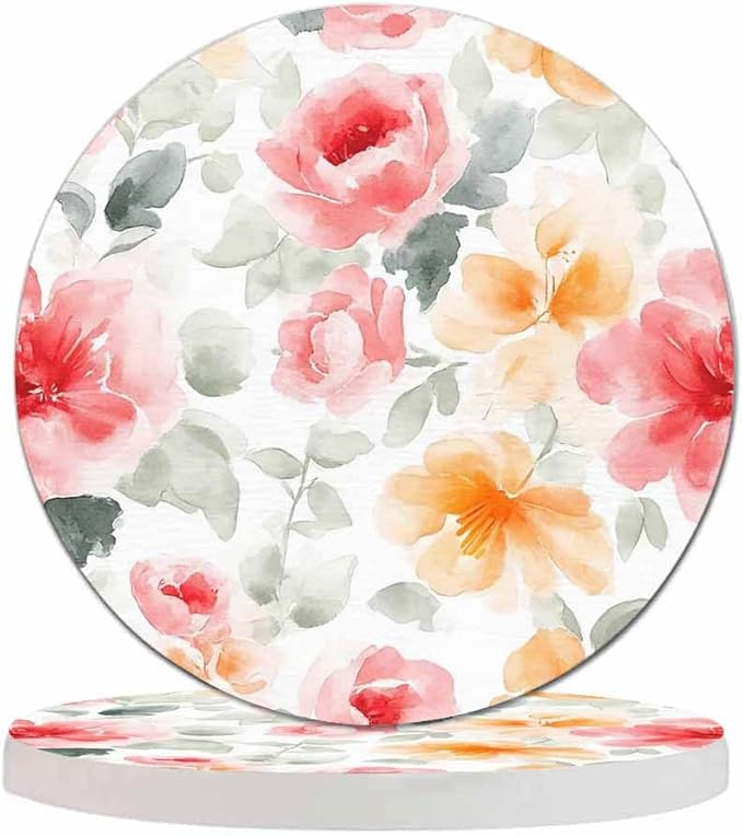 Pastel Roses Watercolor Anti Slip Coasters Beautiful Colorful Blossom Botanical Cups Place Mats for Table Home Decor 4 Inches Living Room Kitchen Coffee Table,2 Pcs