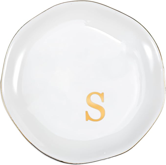 ProCase Ceramic Jewelry Tray, Initial Ring Dish Trinket Plate Engagement Gift, Small Personalized Monogram Ring Bowl for Wedding, White Decorative Jewelry Holder for Women Vanity -Letter S