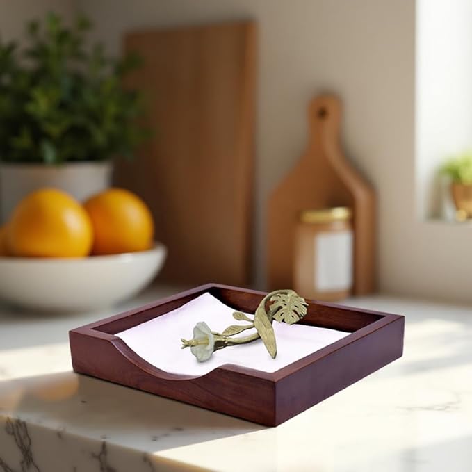 Napkin Holder - Solid Wood Brown Finish Home Decor & Kitchen Decor Table Countertop Serviette & Tissue Holder with Metal Ornament Arm in Silver Gold Finish - Indoor and Outdoor Use - Floral Design