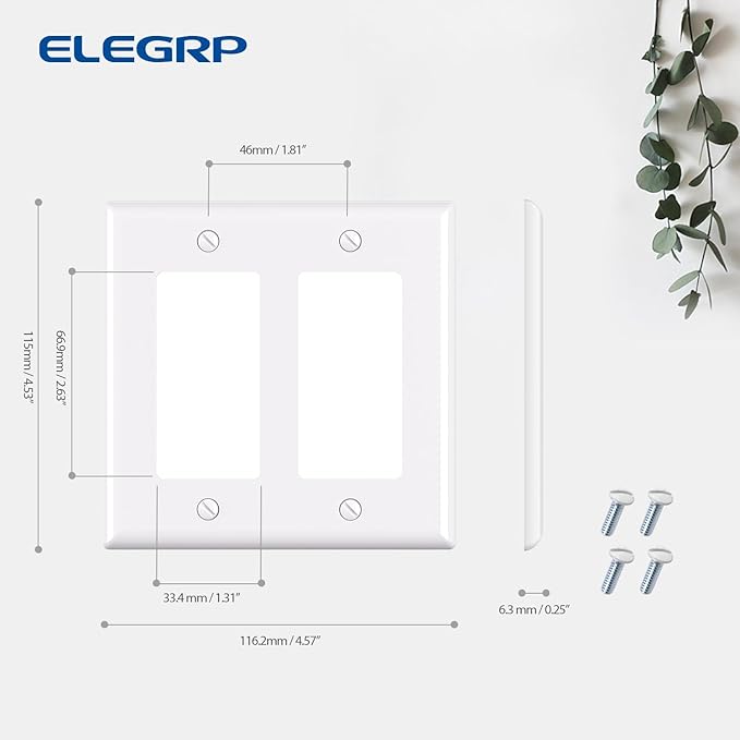 ELEGRP 2-Gang Decorative Wall Plates, Standard Size 4.53" H x 4.57" L Unbreakable Thermoplastic Faceplate Cover for Decorator Receptacle Outlet Switch, UL Listed (1 Pack, Glossy White)