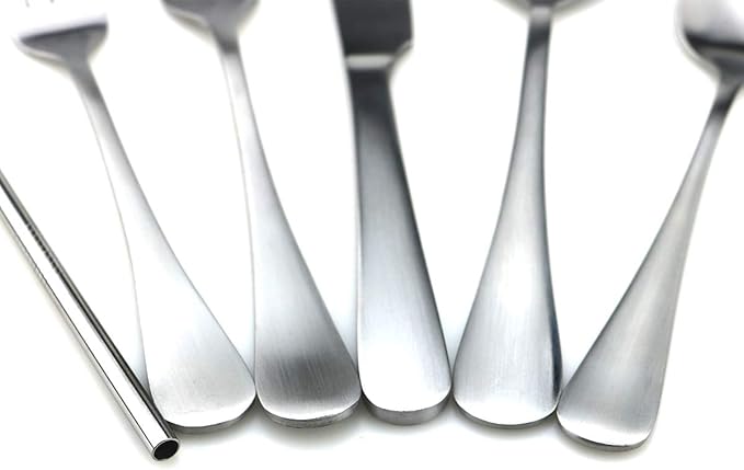 JASHII Modern Royal 20 Pcs Matte Silver 18/10 Stainless Steel Utensils Cutlery Dinnerware Set w/ 4 Pcs Straw, Knife Fork and Spoon Flatware Set for Wedding Festival Christmas Party Service for 4