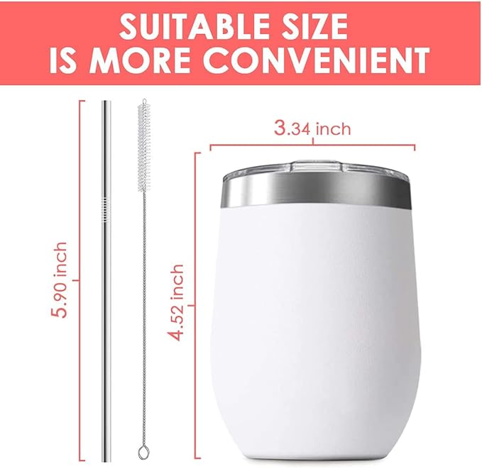 8 Pack 12 oz Stainless Steel Wine Tumbler with Lids, Double Wall Vacuum Insulated Travel Cup Including 8 Straws Set for Coffee, Cocktail, Drink, Tea and Beer (Black)