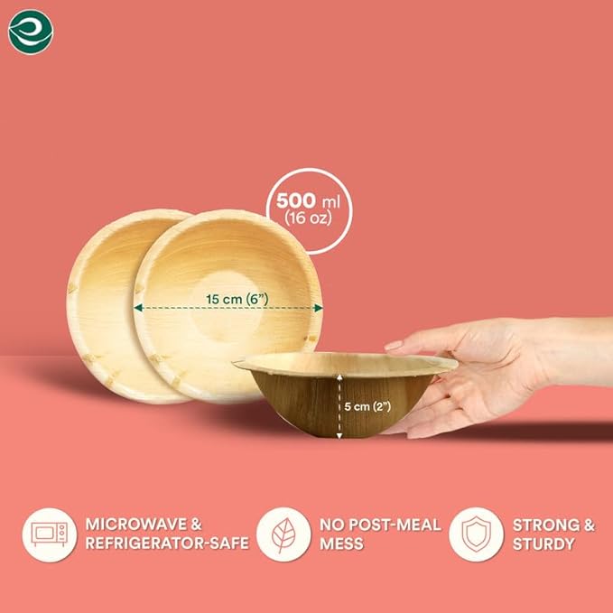 ECO SOUL 100% Compostable, Biodegradable, Disposable Palm Leaf Bowls,| pack of 100, Large 6 inch (16 Oz) | Round| Like Bamboo Bowls, Eco-friendly | Sturdy, Microwave & Oven Safe