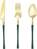 Lullaby 150pcs Gold Plastic Silverware, High End Disposable Cutlery with Dark Green Handle Include 50 Forks, 50 Spoons, 50 Knives, Elegant Silverware for Wedding, Party, Gathering and Daily Use