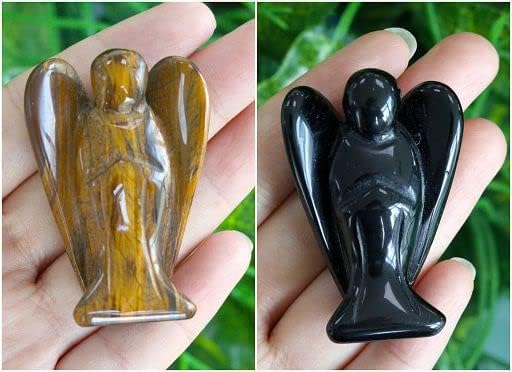 YATOJUZI 2" Black Obsidian Tigers Eye 2Pcs Angel Decor Crystal Cute Polished Natural Stone Hand-Carved Sculpture Statue Figurines Gemstone Hippie Home Room Office Desk Gifts for Women Men