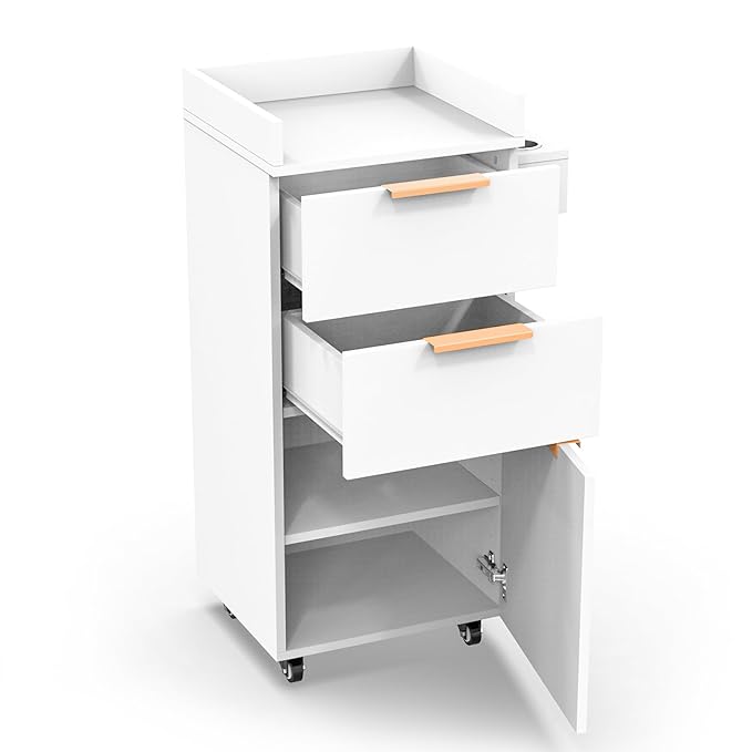 OmySalon Salon Cart with Wheels, 3-Tier Rolling Hair Styling Station, 2 Drawers & Adjustable Shelf, Hair Dryer Holder, Mobile Organizer for Salon, Barber, Spa, Nail & Beauty Tools, White
