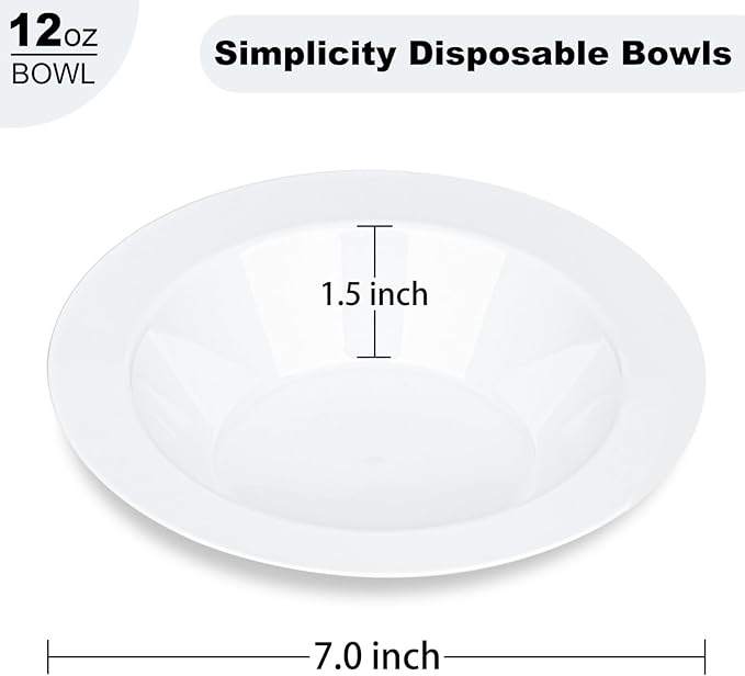 BESTVIP 50Pcs Plastic White Bowls, 12 Oz Disposable Bowls Disposable Bowls for Parties, Wedding, Christmas, Soak Proof Bowls for Breakfast, Lunch, and Dinner Meals