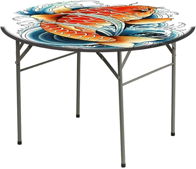 Elastic Tablecloth, Koi Fish Decorative Fabric Table Cover for, Tattoo Style Japanese Wave, Fit Round Tables 23inch Diameter, for Dining Room/Party/Banquet Decoration, Multicolor