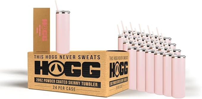 Hogg 20 oz Skinny Case (24 Units) - Light Pink, Powder Coated Tumblers for Laser Engraving, Engravable Tumblers Bulk, Stainless Steel Cups Bulk, Insulated Cups with Lids and Straws