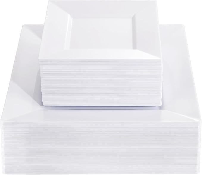 Liacere 100PCS White Square Plastic Plates - 50PCS Heavy Duty 9.5inch Dinner Plates and 50PCS 6inch Dessert Plates - Durable Fancy White Disposable Plates for Party & Wedding