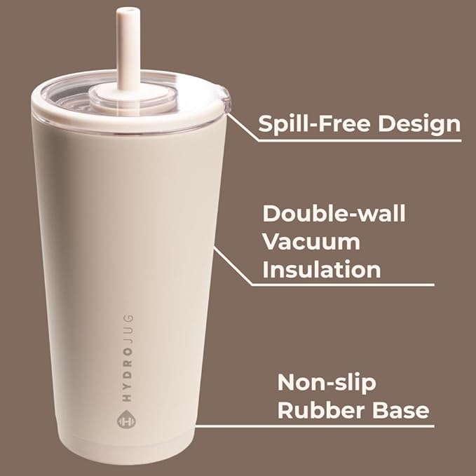 HydroJug Everyday Tumbler 20 oz – Ceramic-Lined Insulated Tumbler with Straw and Soft-Touch Lid, Cup Holder Friendly, Double-Wall Vacuum Insulation, Reusable Travel Cup – Dune