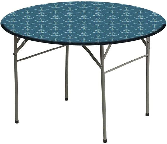 Small Round Tablecloth, Nautical Washable Polyester Table Cloth for, Anchors Maritime Theme Decor, Fit Round Tables 32inch Diameter, for Wedding Party Dining Banquet Use, Petrol Blue Beige