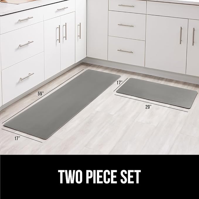 GORILLA GRIP 2 Pack Comfortable Cushioned Kitchen Mats for Floor, 17x24 + 17x48, Waterproof and Stain Resistant, 1/2 Inch Thick Soft Ergonomic Standing Desk Anti Fatigue Mat, Foam Supports Feet, Gray