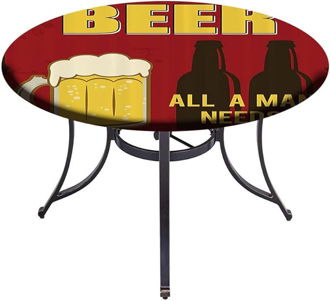 Small Round Tablecloth, Manly Decor Washable Polyester Table Cloth for, Beer Mug and Two Bottles with Quotes Beer All, Fit Round Tables 44inch Diameter, for Holiday Dining Table, Dinner, Party