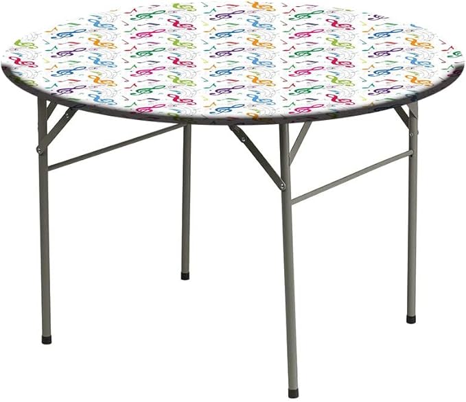 Elastic Tablecloth, Music Decor Decorative Fabric Table Cover for, Notes on Circle Shape Geometric Background Carnival, Fit Round Tables 23inch Diameter, for Restaurant Picnic Indoor and Outdoor Use