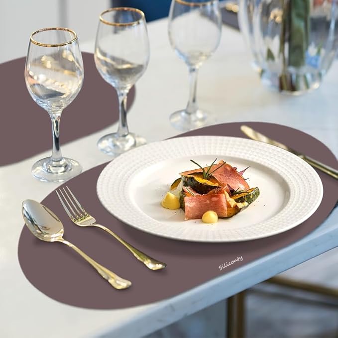 Silicone Placemats, Oval Placemats Set of 4. Heat-Resistant and Easy to Clean Siliconty Mats, Non-Slip Silicone Placemats for Table Protection. (2, Cameo Brown)