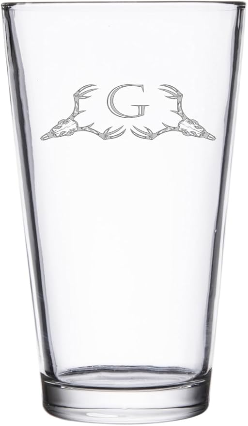 Hat Shark Deer Skull Letter Monogram Pint Beer Glass, 16 oz, Clear, A-Z Initials (1, Letter G)