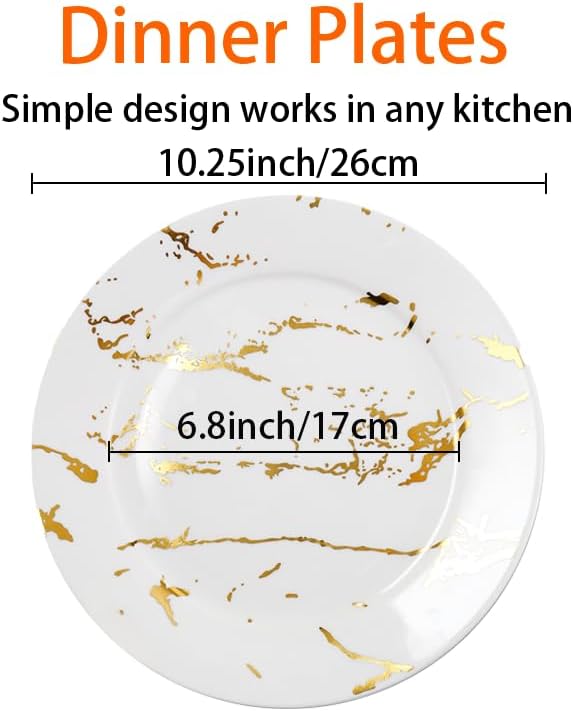 Modern 6-Piece Dinner Plate Set, 10-Inch White Marble Ceramic Plates with Gold Rim, Elegant Appetizer Salad Dessert Plates for Everyday Dining & Party.