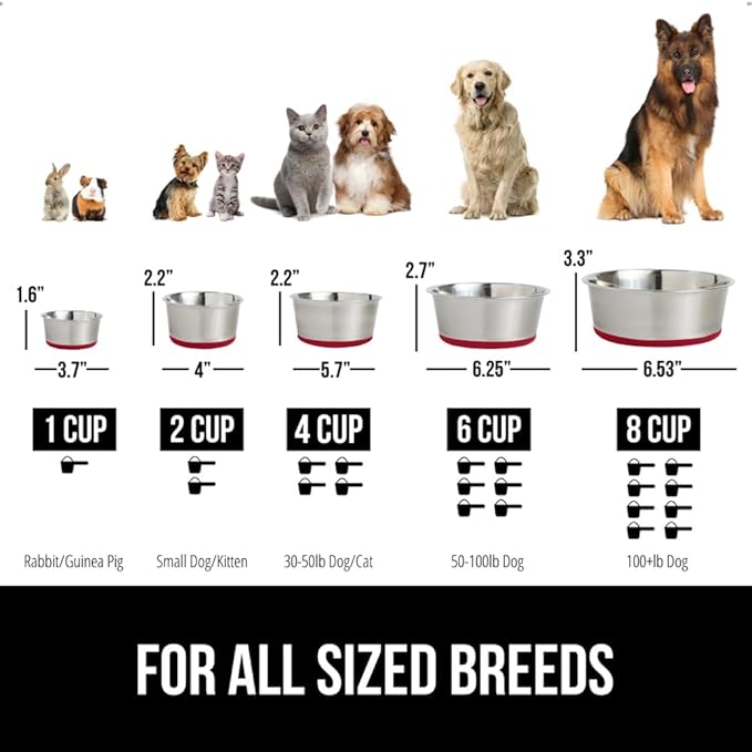 GORILLA GRIP Dog Bowls, Holds 1 Cup Each (8 fl oz), Heavy Duty Stainless Steel Food and Water Bowl for Feeding Dogs and Cats, Dishwasher Safe, Rust Resistant Metal, BPA Free Rubber Base, Set of 2 Red