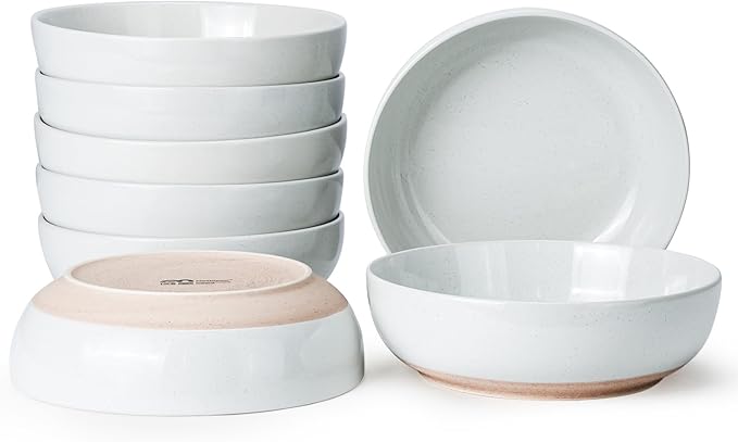 Pasta Bowls Set of 8, 34oz Speckled Ceramic Bowls Set for Serving Salad, Pasta, Soup, Dinner, 8" Wide and Deep Bowls, Dishwasher & Microwave Safe, Matte Terracotta Base (Gray White)