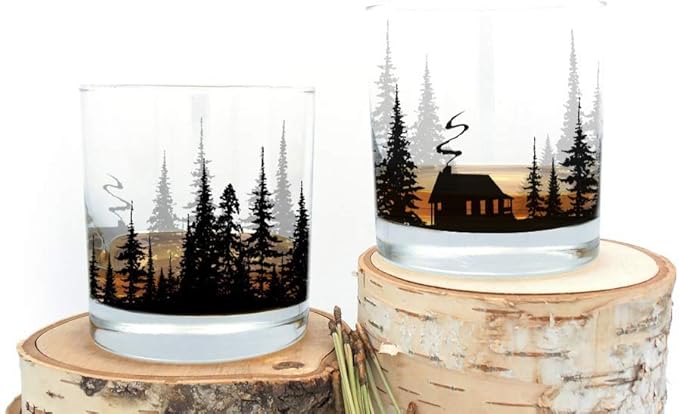 Black Lantern Cabin in the Forest Whiskey Glass Set – 11oz Old Fashioned Rocks Tumblers with Cabin & Pine Tree Design | Hand-Printed Heavy-Base Barware for Bourbon, Scotch & Cocktails (Set of 2)