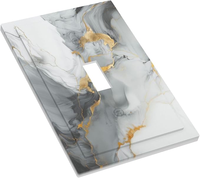 Decorative Light Switch Cover Gray/Gold Marble Abstract Modern Luxury 1 Gang Wall Plate Cover Single Toggle Outlet Covers Switchplate Electrical Faceplate for Bathroom Bedroom Decor（2 Pack）