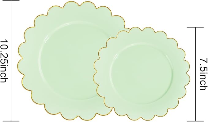 LIYH 60 Pcs Light Green Plastic Plates with Gold Edges, Disposable Sage Green and Gold Plastic Plates Includes: 30 Dinner Plate 10.25 Inch and 30 Dessert Plate 7.5 Inch